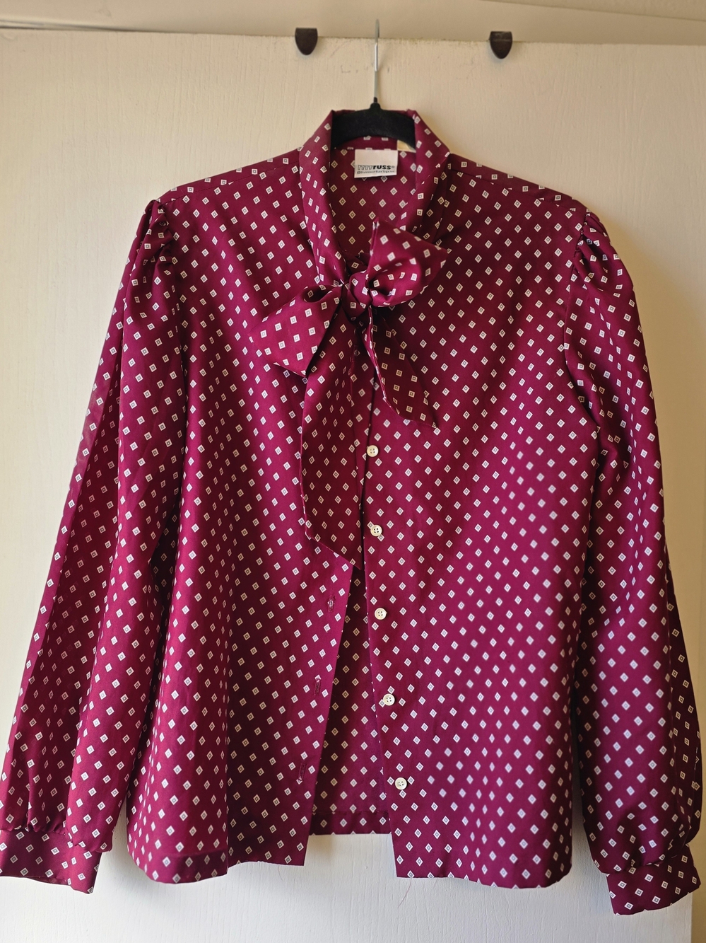 Vintage Russ Togs Diamond-Print Tie-Neck Blouse - Maroon